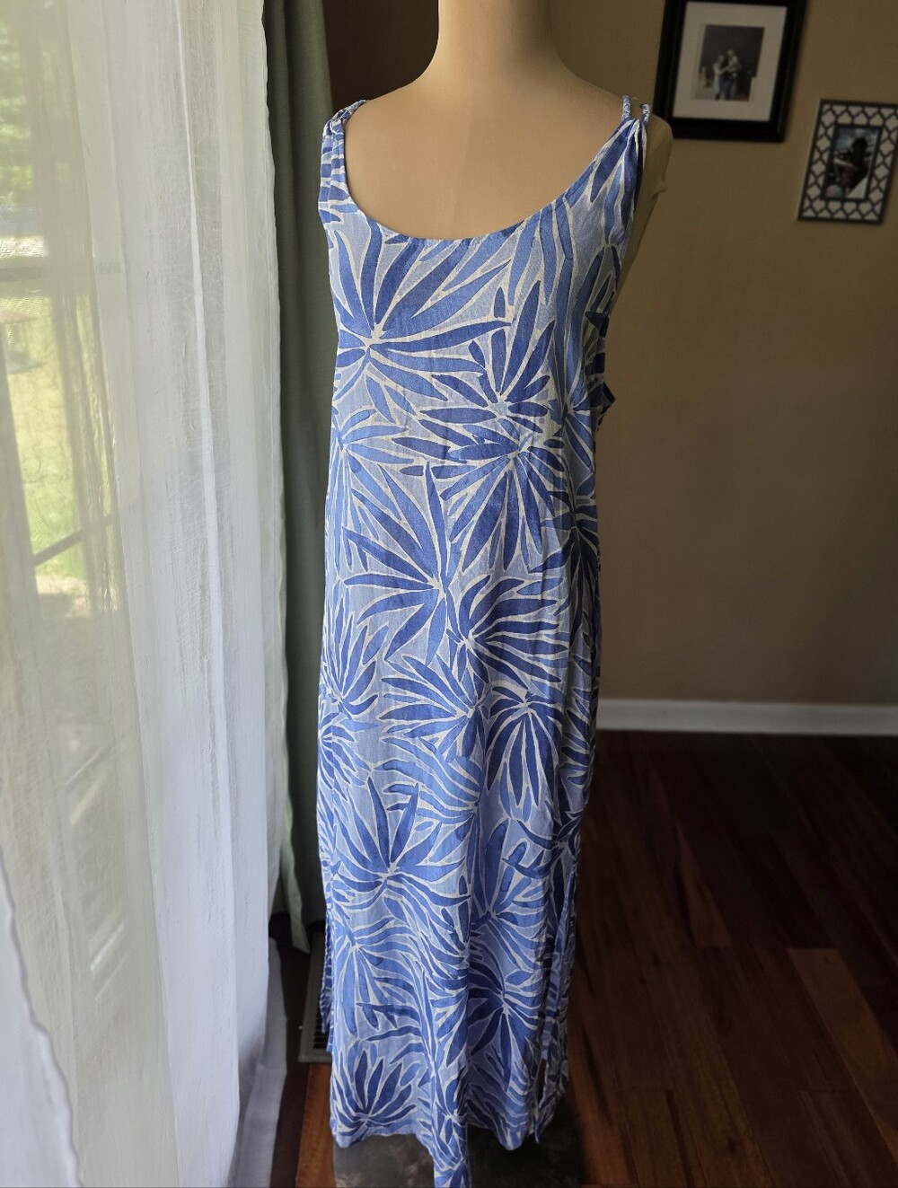 Sigrid Olsen‎ Linen Rayon Blue Palm Print Maxi Dress M NWT Braided Strap Pockets